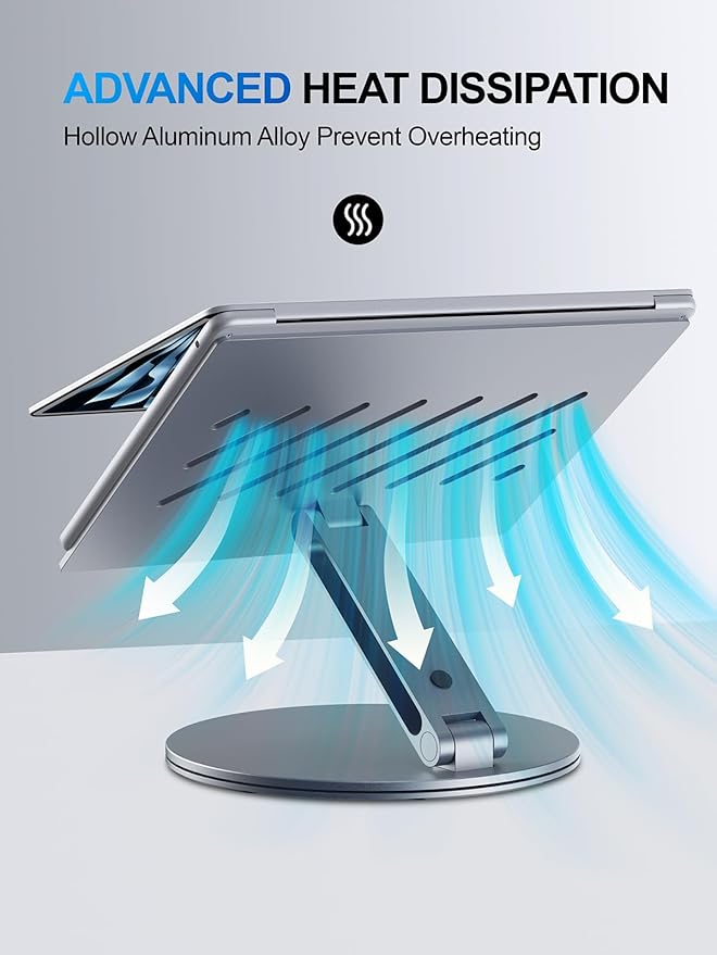 YICOSUN Adjustable Laptop Stand for Desk - 360° Rotating Ergonomic Riser with Aluminum Cooling Vents & Sturdy Construction for 10-16 Inch MacBook Pro/Air, Foldable Portable for Office & Home - Gray