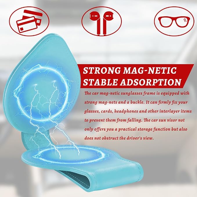Sunglasses Holders for Car Visor, PU Leather Car Organizer, Magnetic Glasses Holder and Ticket Card Clip, Multi-Functional Auto Sun Visor Eyeglass Holder for Most Vehicles (Blue)