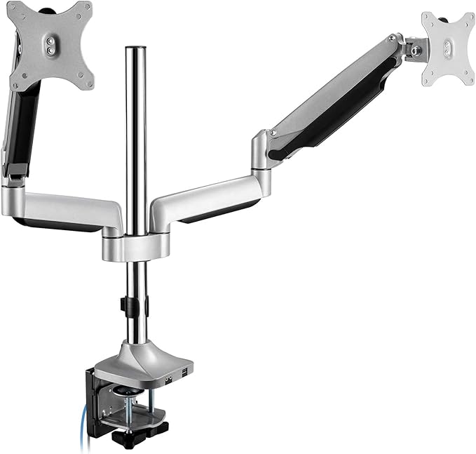 SIIG Dual Monitor Stand for 13" to 32", Premium Desk Mount with USB and Audio Ports, Height Adjustable, Tilt and Swivel, Max VESA 100x100mm, C-Clamp, Each Arm Holds 19.8 lbs (CE-MT2X11-S1)