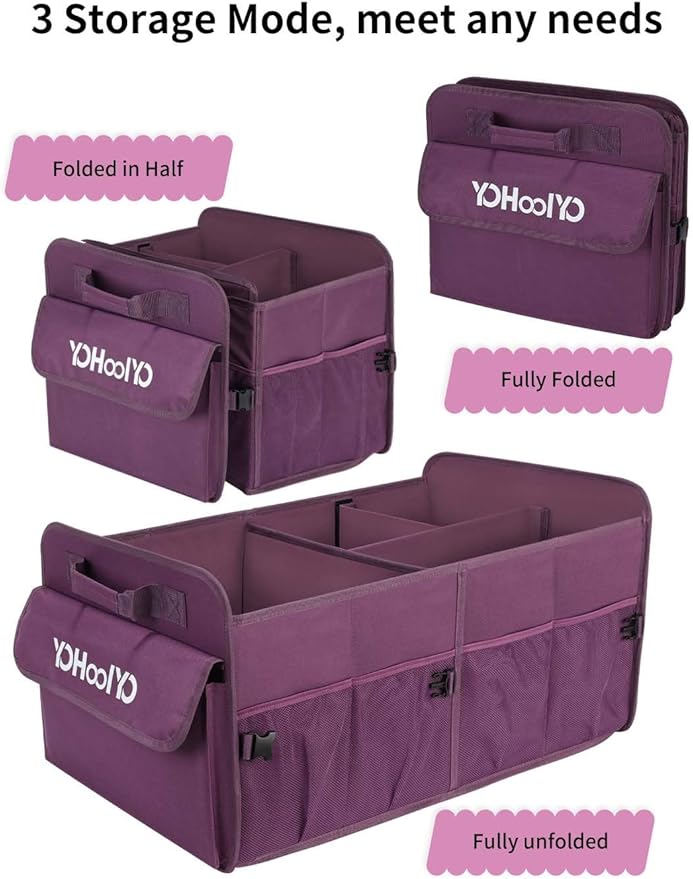 YOHOOLYO Car Trunk Organizer for SUV 72L Large Capacity Collapsible 4 Compartment Storage, Multicolor Car Accessories for Women/Men, Purple