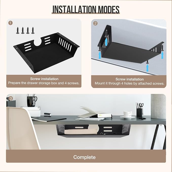 2 Pack Under Desk Shelf - Under Desk Storage Shelf Metals,Under Desk Organizer - Black Under Shelf Storage for Office Tables & Workstations（11 Inch）