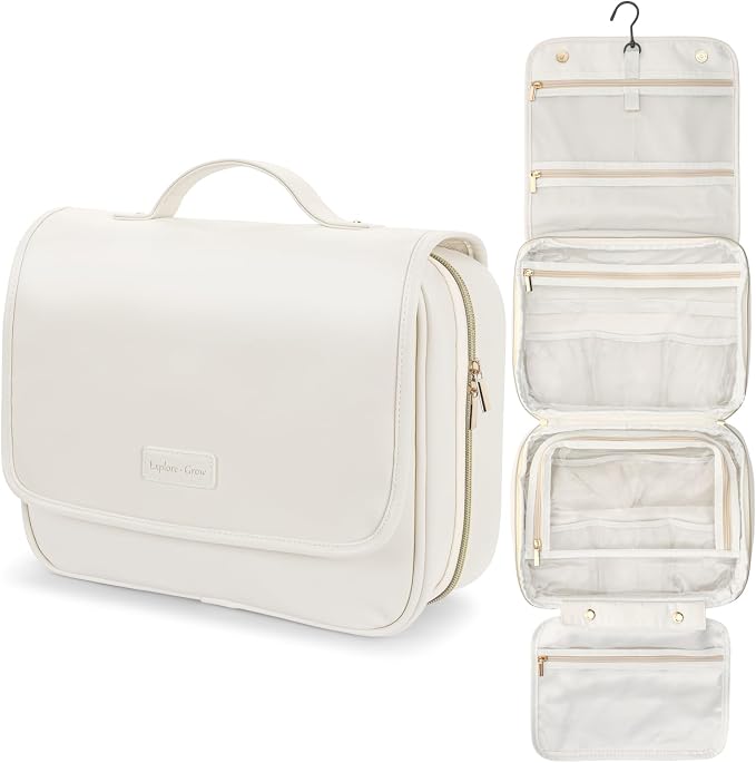 PACKISM Hanging Travel Toiletry Bag - Organizer for Women, Large Off White | Wide Open Access, Hanging Hook, Detachable Pouch, Large Compartments, Waterproof Surface, Cruise Bathroom Travel Storage