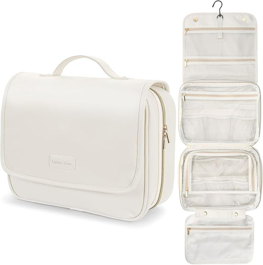 PACKISM Hanging Travel Toiletry Bag - Organizer for Women, Large Off White | Wide Open Access, Hanging Hook, Detachable Pouch, Large Compartments, Waterproof Surface, Cruise Bathroom Travel Storage