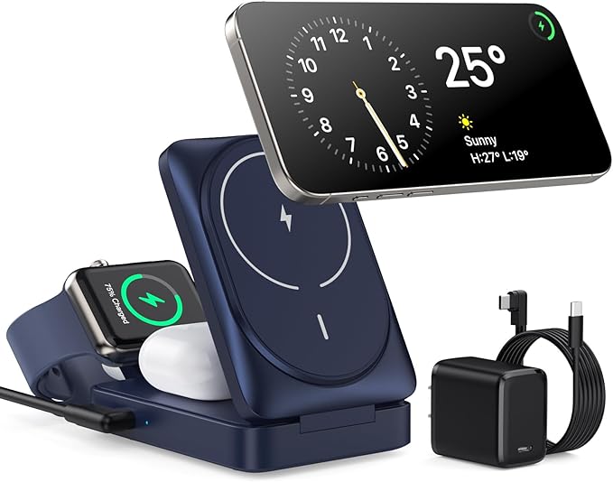 3 in 1 Wireless Charger Charging Station for iPhone,Travel Foldable Magnetic 15W Fast Wireless Charger Stand for Mag-Safe with 30W USB C Adapter for iPhone 17/16/15/14/13/12,Apple Watch,AirPods
