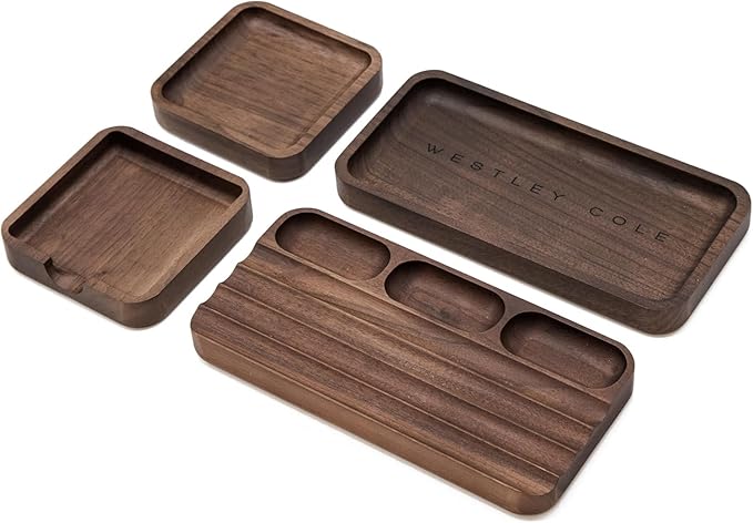 MUUJEE Engraved Wooden Desk Organization 4 Piece Set - for Desk Accessories Work Professional Office Teacher Dad Wood Tray Rustic Minimalist Organizer Pens Pencils Sticky Notes