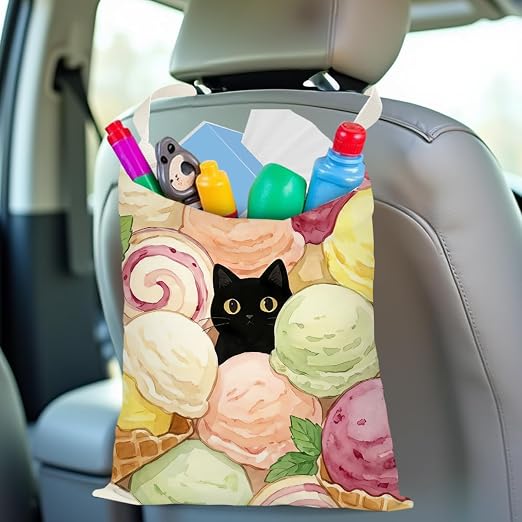 Black Cat Car Trash Bag, Icecream Car Trash Bag Hanging,Icecream Accessories, Summer Decor Waterproof Cars Back Seat Hanging Organizer Garbage Can for Vehicle Travelling Camping