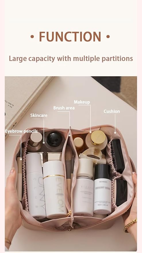 Travel Makeup Bag for Women, Large Capacity PU Leather Toiletry Bag with Multiple Compartments, Waterproof Cosmetic Organizer with Handle, Portable Travel Pouch for Skincare, Rose Pink