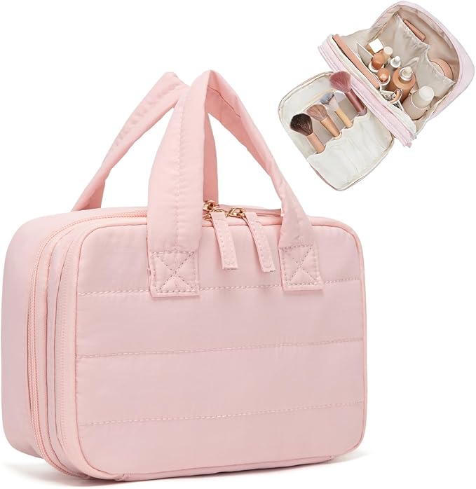 Small Makeup Bag, Travel Cosmetic bag, Toiletry Bag For Women, Make up Bag With Brush Storage, Hanging Toiletry Bag, Puffy Padded Makeup Organizer Case, Wide-open Travel Essentials (Pink)