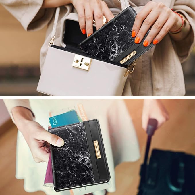 Passport Holder Cover,Traveling Passport Case Cute Marble Passport Wallet for Women,Black Marble