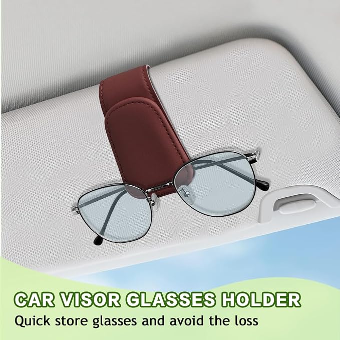 Sunglass Holder for Car, Sunglasses Clip for Car Visor, Magnetic Leather Vehicle Eyeglass Hanger Clip, Auto Ticket Card Glasses Organizer Clamp Accessories for SUV Sedan (Wine Red)