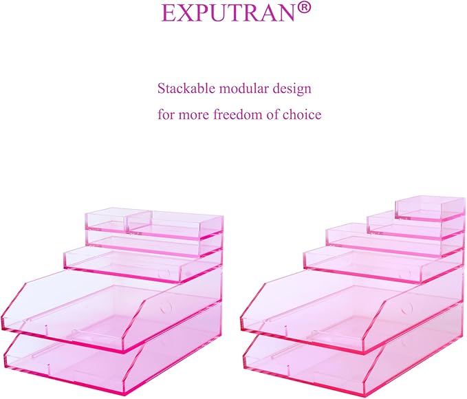 (2pcs Pack) Stackable Pink Acrylic Paper Trays, Desk File Organizer, A4 Paper Holder, Letter Tray