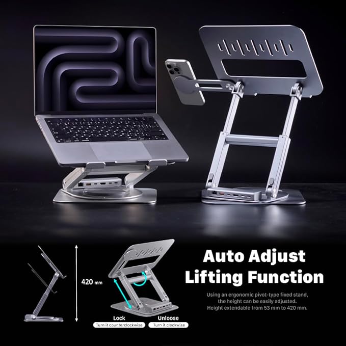 ADAM ELEMENTS Hub Stand Ultra - 6-in-1 Magnetic Detachable USB-C Hub & Ergonomic Laptop Stand, Foldable 4K HDMI Docking Station for MacBook Pro/Air M4 M3 M2 M1, iPad & 17" Laptops