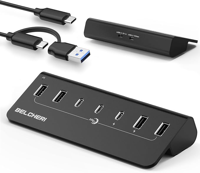 7-Port Powered USB Hub, 10Gbps High-Speed Data USB Splitter (4 USB-A and 3 USB-C Ports), Aluminum Hub with 5V/3A Adapter, for Laptop, MacBook, iPhone 16/15