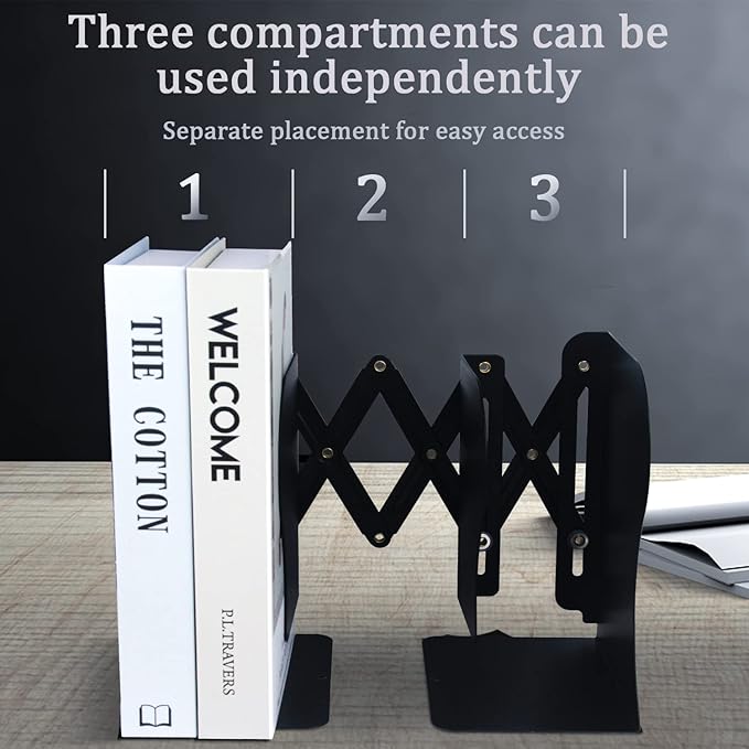 Adjustable Bookends, 19 inches 2 Dividers Heavy Duty Metal Book Holders, Book Storage Rack, Desk Organizer Magazine File Holder for Office, School, Bookstore and Home, Black