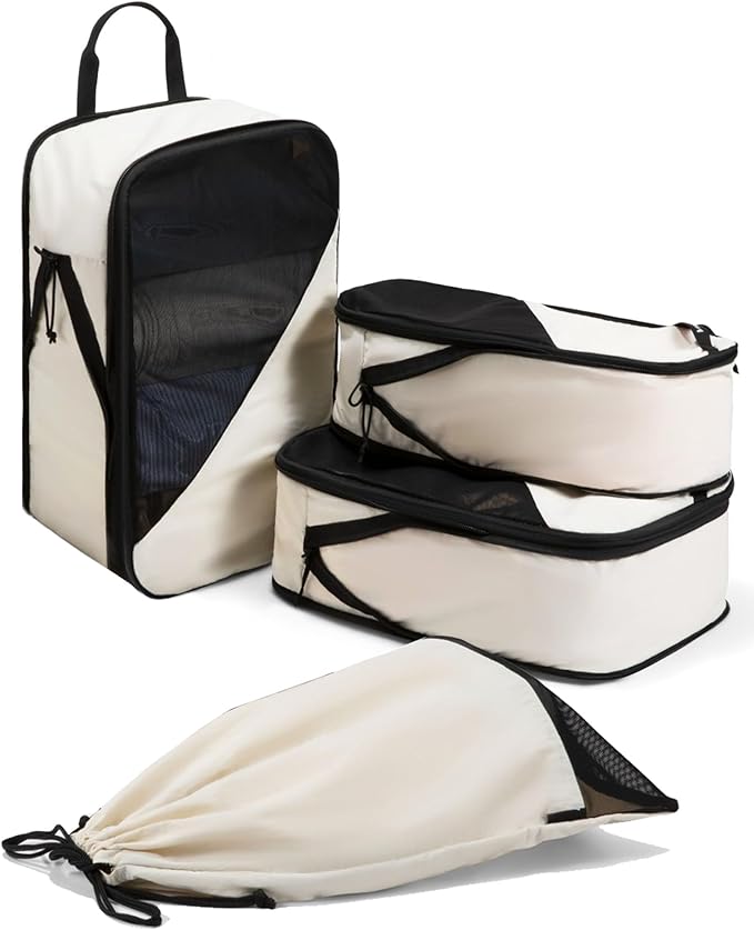 LUGGEX Compression Packing Cubes for Travel, 4 Set Lightweight Luggage Organizer Bags with Shoe Bag, Space Saving Suitcase Packing Cubes for Carry-On (POX01, Beige)