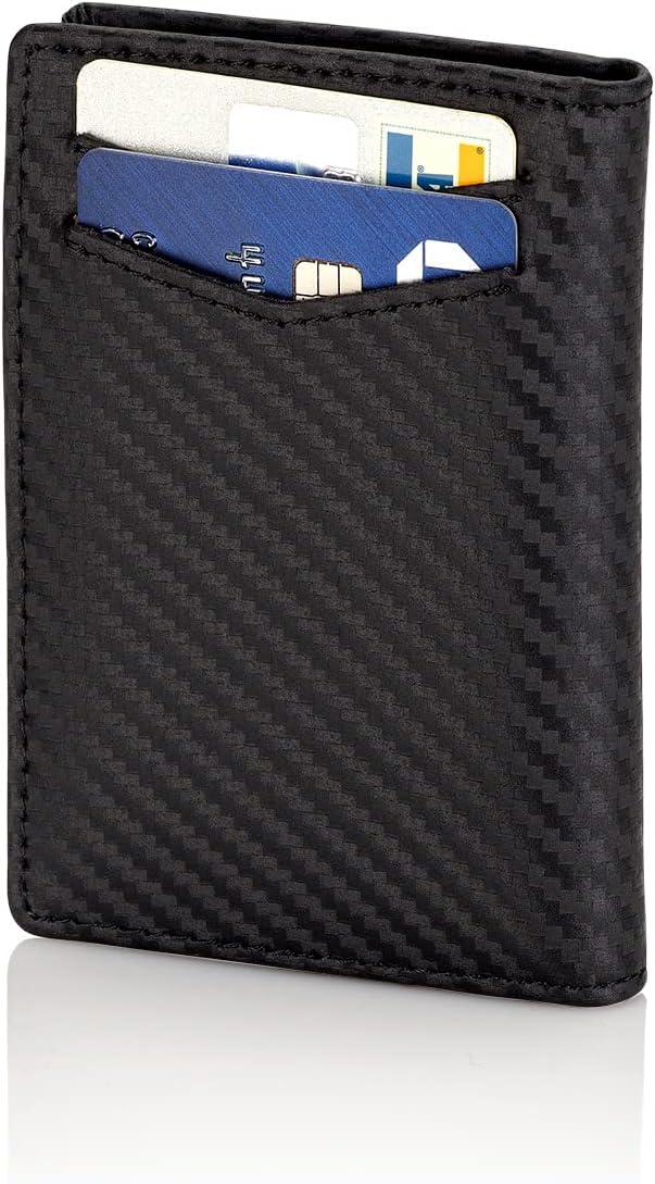 Stealth Mode Men's Slim Front Pocket Wallet - RFID Blocking, Thin Minimalist Design, Genuine Leather - ID Badge Window and 5 Sleeves for Money, Credit Cards, Driver License (Carbon Fiber Leather)