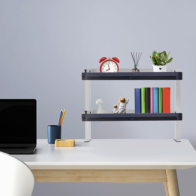 Clamp On Desk Shelf 2-Tier Shelving Unit for Office Desk Gaming Accessories,Tabletop Book Storage Rack for Top & Under of Desk (White)