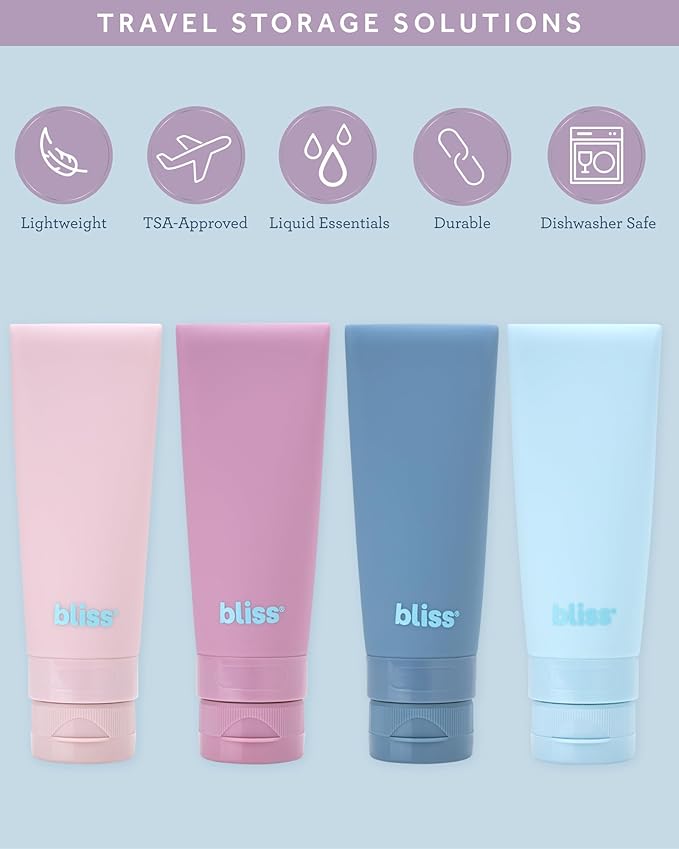 Bliss Travel Bottles Set - 4/7/10 Piece TSA Approved Leak-Free Refillable Travel Size Toiletries Containers for Skincare, Lotion, Shampoo, and Conditioner, 4pc Silicon Multicolor