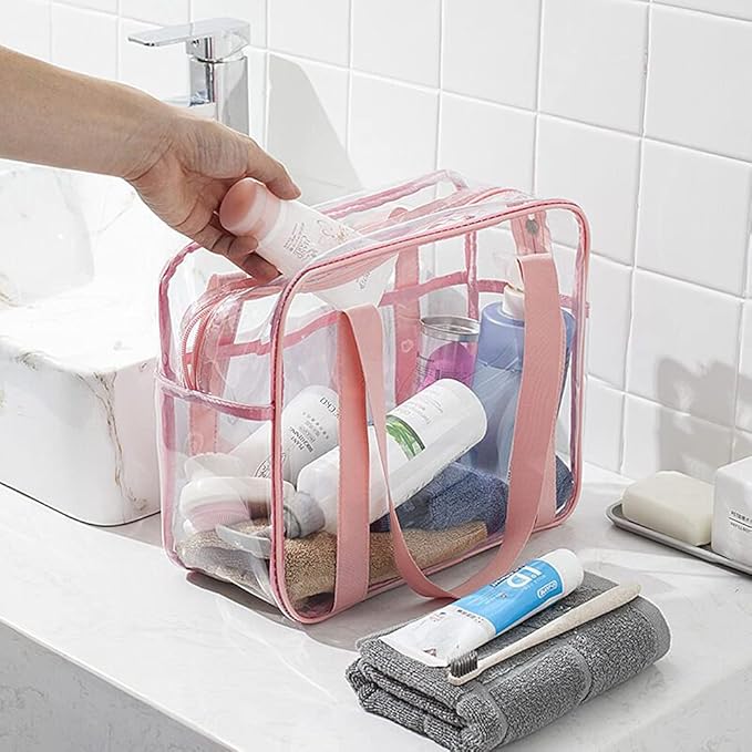 SxoSyo Clear Makeup Bags Large Transparent Travel Toiletry Bag for Women with Handle Cosmetic Bathroom Organizer PVC Zipper Beach Handbag (pink)