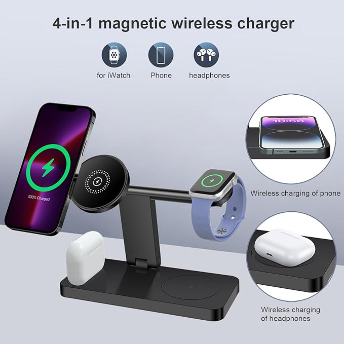 4 in 1 Wireless Charging Station, 15W Fast Wireless Charger for Mag-Safe Magnetic Charging Stand for iPhone 17 Pro Max/17 Air/16 Pro/16 Plus/15/14/13/12 mini,AirPods Pro,Apple Watch Series,Black