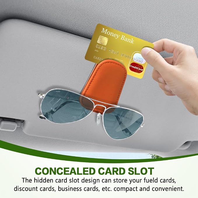 Sunglass Holder for Car, Sunglasses Clip for Car Visor, Magnetic Leather Vehicle Eyeglass Hanger Clip, Auto Ticket Card Glasses Organizer Clamp Accessories for SUV Sedan (Orange)