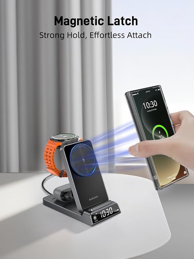 Magnetic Wireless Charger for Samsung, 3 in 1 Android Charging Station for Galaxy S26 Ultra/S25 Ultra/Z Fold/Flip, Galaxy Watch 8/8 Classic/Ultra, Buds 4, Nightstand Bedside Stand (with Adapter)