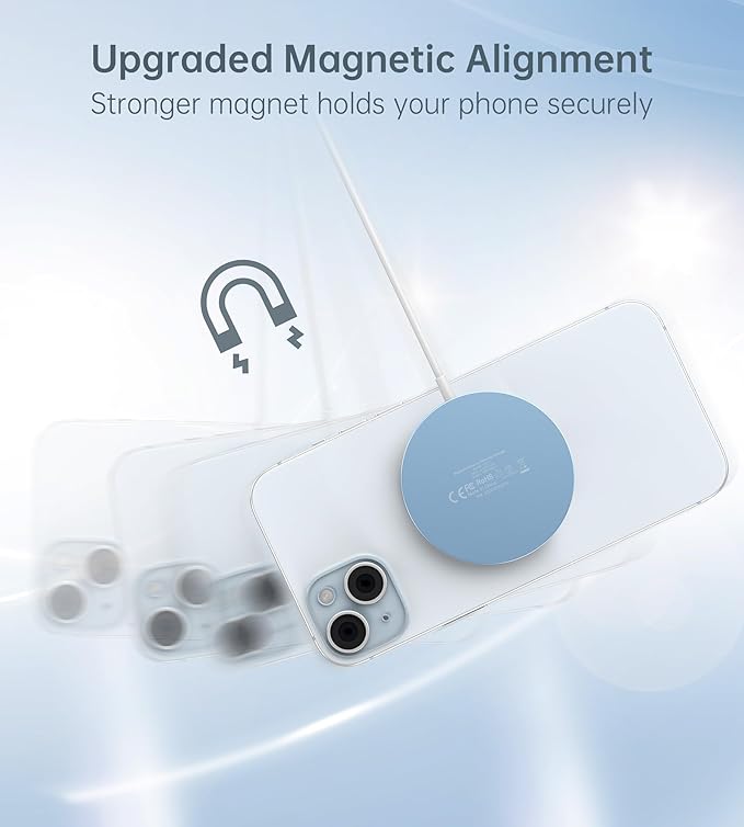 Magnetic Wireless Charger for iPhone 17/16/15/14/13/12 - Mag Charger+20W USB C Adapter, Fast Wireless Charging Stand/Pad with 5ft Cable for iPhone 17/16/15/14/13/12 Pro Max Plus Mini 17 Air, Blue