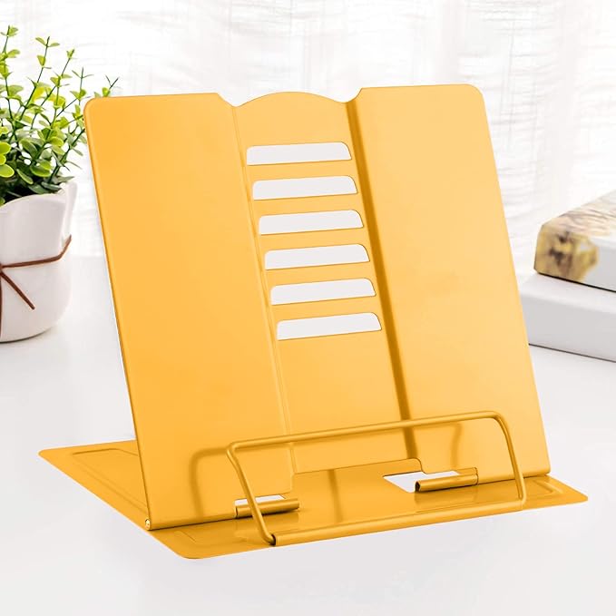 MSDADA Desk Book Stand Metal Reading Rest Book Holder Adjustable Cookbook Documents Holder Portable Sturdy Bookstands for Recipes Textbooks Tablet Music Books (Yellow)