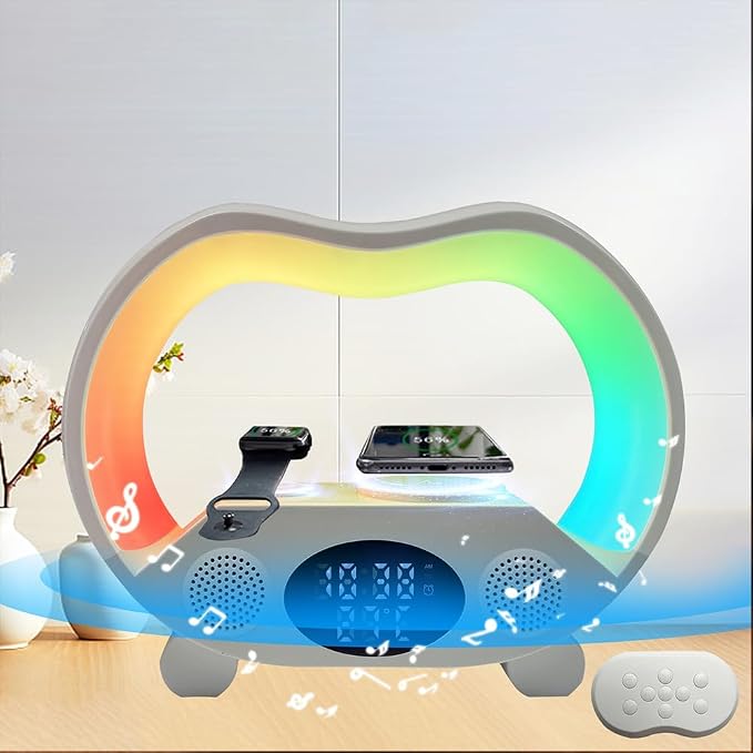 IHAO 6in1 Multi Functional Wireless Charger Bluetooth Speaker Time&Temperature Display Alarm Clock 7-Color LED Night Lights Fast Charger for Phone Apple Watch Earbuds Remote Control-White
