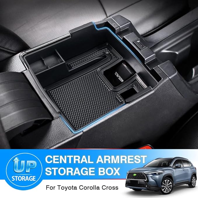 Karltys Compatible with Center Console Organizer Toyota Corolla 2019-2026/ Corolla Cross 2022-2026 Accessories Middle Console Tray Car Armrest Storage Box Container with Non-Slip Silicone Mats