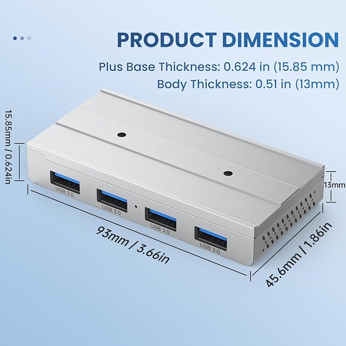 EJAY 4-Port Magnetic USB 3.0 Hub with 5Gbps Speed, Aluminum USB Adapter for MacBook/Laptop/Desktop, Industrial-Strength Magnetic Mount, 3-Way Installation, 59"+39" Cables, Silver