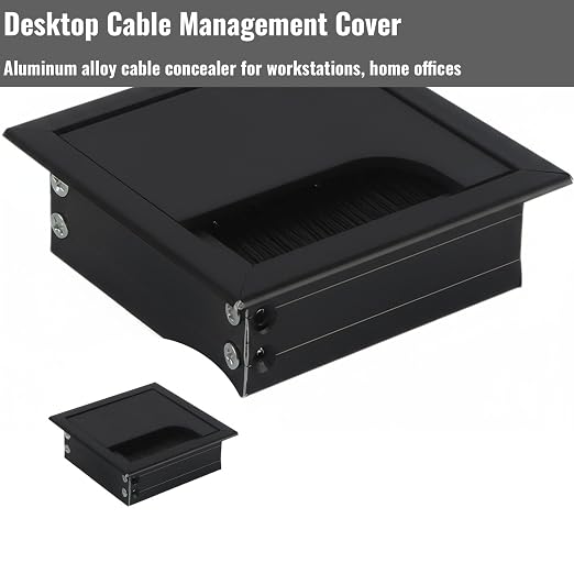 Desktop Cable Management Cover for Desk Organization - Aluminum Alloy Cable Box with Brush Seal (Black, 8.0x8.0x2.8 cm)