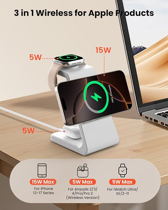Magsafe Wireless Charging Station for iPhone: Qi2 Certified 15W Fast Charging Station, 3 in 1 Magnetic Charger Stand for iPhone 17/16/15/14/13/12 Series, Apple Watch, AirPods 4/3/Pro