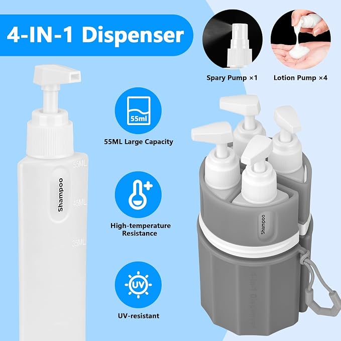 4 in 1 Travel Dispenser Bottles, TSA Approved Leak Proof Refillable Toiletry Containers with Vacuum Suction Cup for Smooth Walls, Portable Empty Bottle Set for Shampoo Conditioner Body Wash