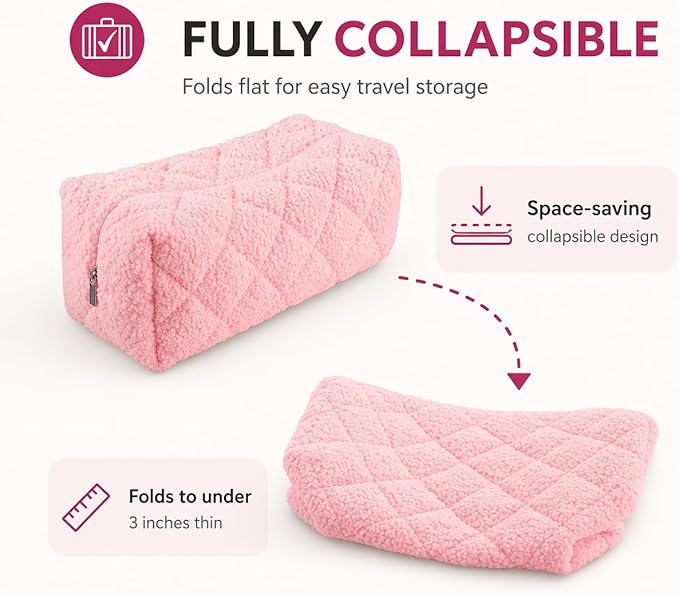 Plush Pink Sherpa Hair Tool & Makeup Travel Bag – 4 Pocket Cosmetic Organizer with Zipper Closure, Skincare & Beauty Accessories