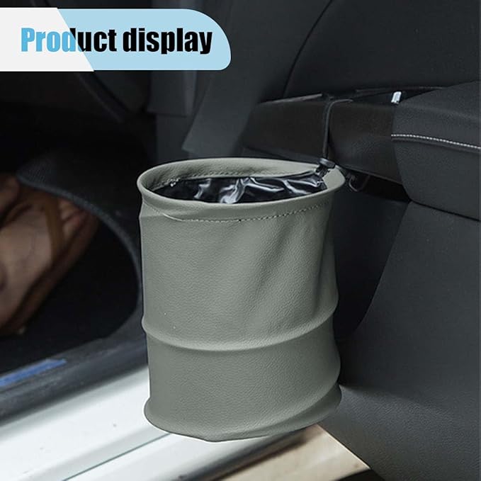 Collapsible Trash Can Car Garbage Bag - Leather Pop-up Car Trash Bin with Elastic Band - Hanging Foldable Garbage Can Vehicle Waste Basket Bin - Double-Layer Washable Bag for Cars Camping (Grey)