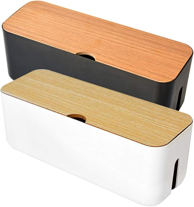 Cable Management Box - Wooden Style Large Cord Organizer Box to Hide Wires & Power Strips | Desk Computer Cable Organizer Box | Safe ABS Materia for Home & Office (Black)