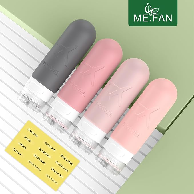 ME.FAN Travel Bottles for Toiletries,3oz Silicone Travel Size Containers, TSA Approved Squeezable Portable Split Bottle, Travel Accessories for Conditioner Shampoo Lotion - 4 Pack Pink