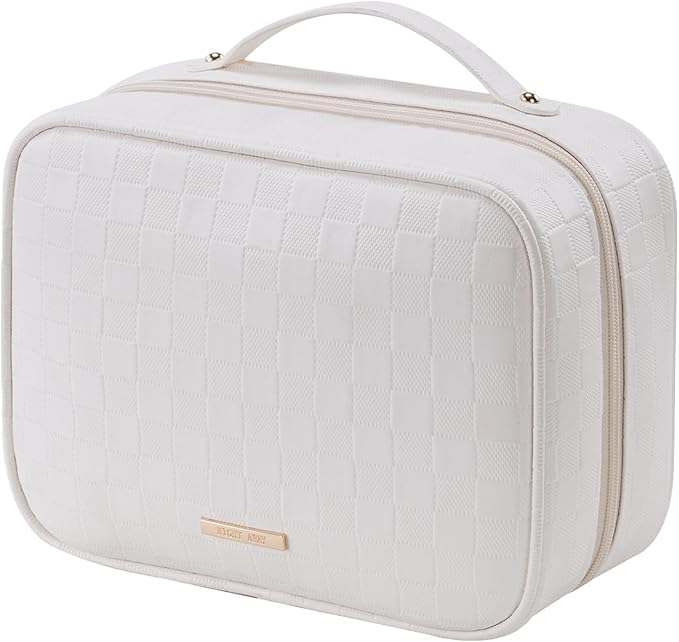 RIGHT AWAY Travel Toiletry Bag for Women, Waterproof Makeup Bag&Case, Portable Cosmetic Organizer Checkered Make up Bag for Full Sized Toiletries，Cosmetics and Travel-Size Accessories,White Checkered