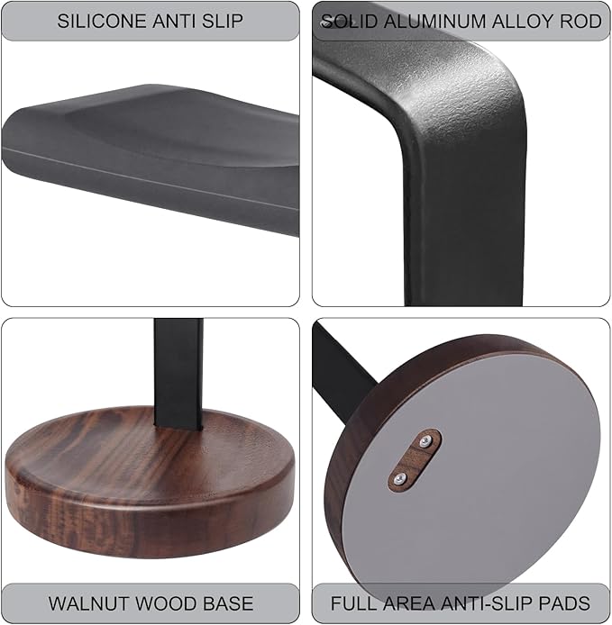 GEVO Headphone Stand for Desk - Walnut Wood & Aluminum Headset Stand, Universal Wooden Gaming Headphone Holder for AirPod Max, Bose, Sony, Razer, Jabra, JBL (Walnut Circular Base)