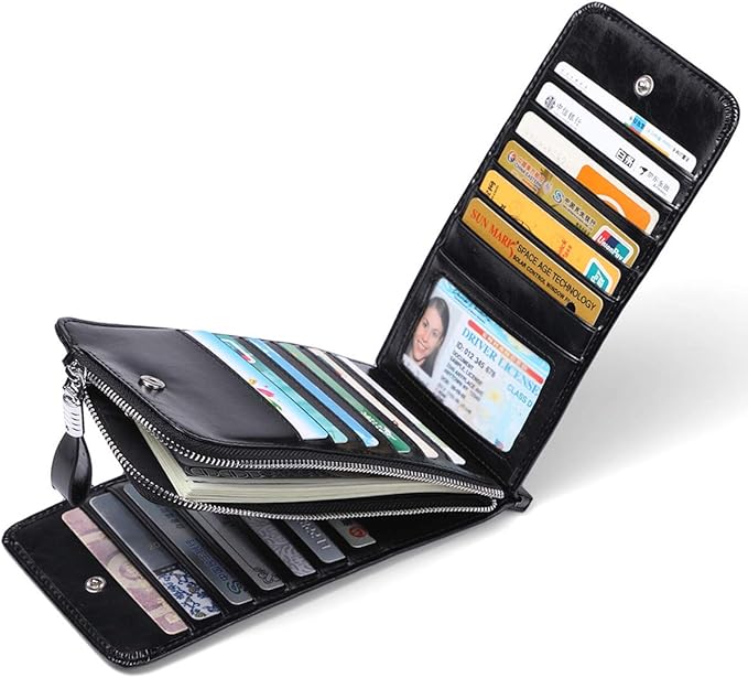Women's Genuine Leather Credit Card Holder RFID Long Zipper Purse Wallet