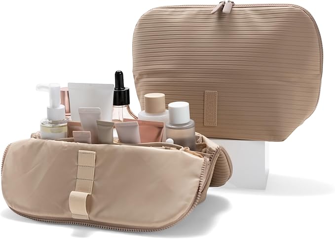 THE VERTI-Vertical Waterproof Makeup & Toiletry Bag | 23-Pocket Organizer with Upright, Fold-Down Design for Skincare, Toiletries & Essentials (Sandstone, Medium)