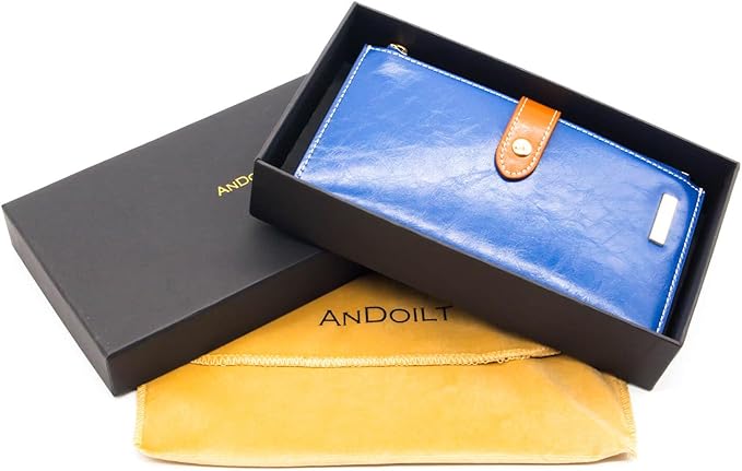 ANDOILT Women's Genuine Leather Wallet RFID Blocking Credit Card Holder Zipper Purse Cell Phone Handbag