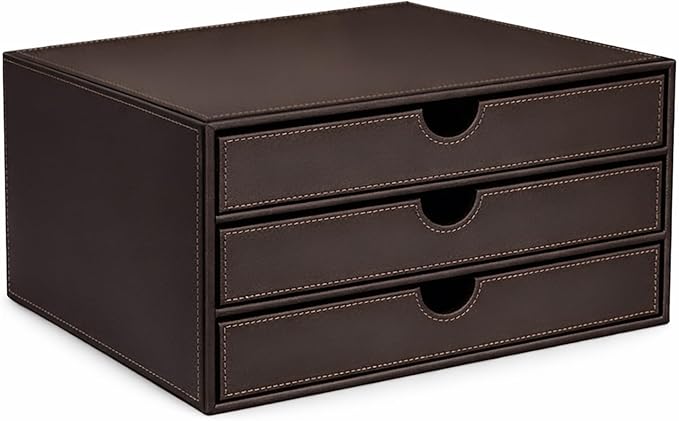 UnionBasic Leather Desktop Drawer Organizer, File Cabinet Magazine Document Holder, Office Supplies Desk Storage Organizer Box, 3 Drawer, Coffee