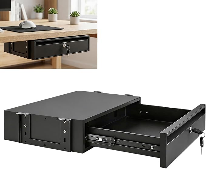 POPMOON 18in Under Desk Drawer with Lock Large Pull Out Storage Organizer | Large 18in under desk drawer with lock,smooth slide rails,adjustable mounting height, supports up to 33 lb
