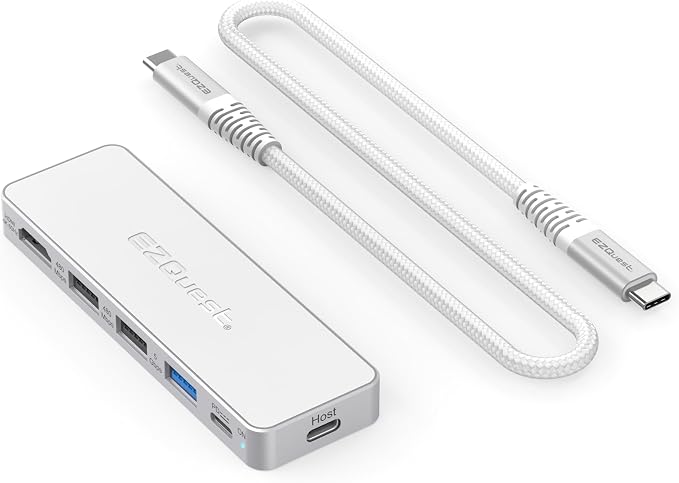 USB-C 5-in-1 Hub Pro Series: 4K 60Hz HDMI, 100W PD Charging, USB 3.0 Data, 20" Detachable Cable. Multiport Adapter for MacBook Pro/Air, iPad, Windows, Thunderbolt 3/4 (Silver White)
