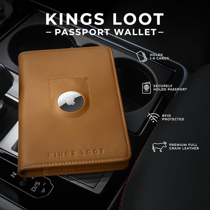 Kings Loot Passport Holder Wallet – RFID Blocking Leather Travel Wallet with Built-in Airtag Holder – Holds 1-6 Cards & Passport – Easy Pull Tab – Slim & Stylish Wallets (Cognac)