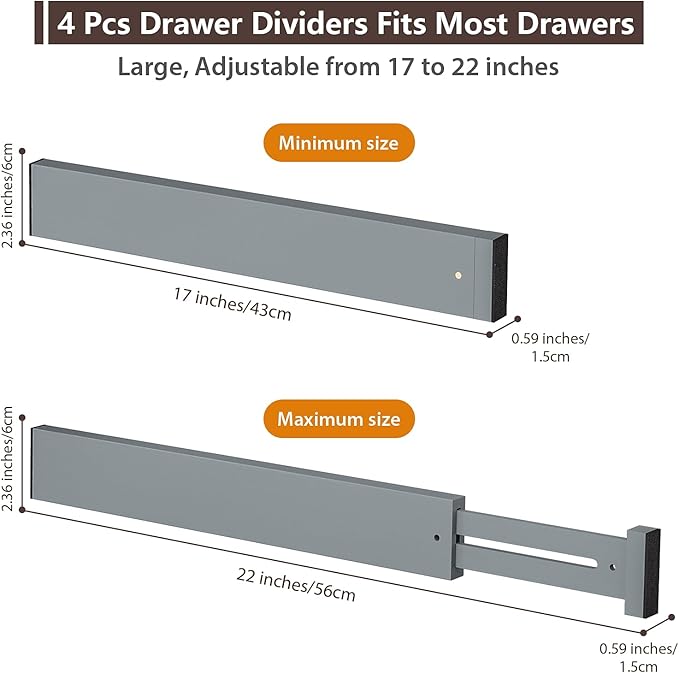 DUCOO 4 PCS Drawer Divider, 17"-22" Adjustable Bamboo Drawer Dividers Organizers, Expandable Separators for Kitchen, Clothes, Dressers, Home, Office, Gray