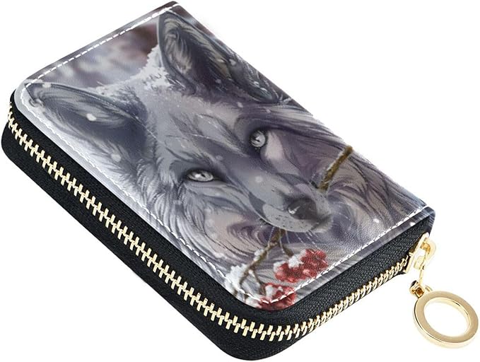 Wolf RFID Credit Card Holder Wallets Accordion for Women Leather Zipper Card Case Accordion Wallet for Ladies Girls
