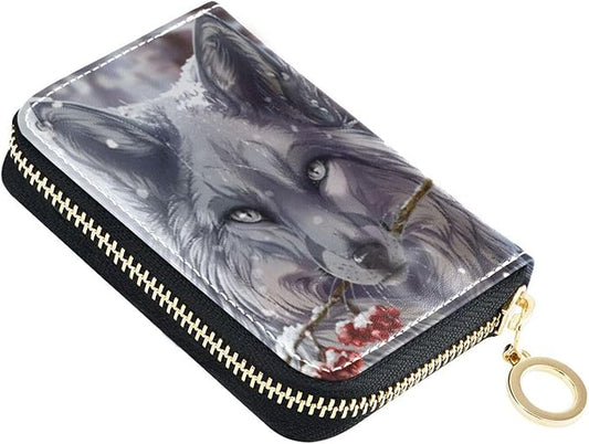 Wolf RFID Credit Card Holder Wallets Accordion for Women Leather Zipper Card Case Accordion Wallet for Ladies Girls